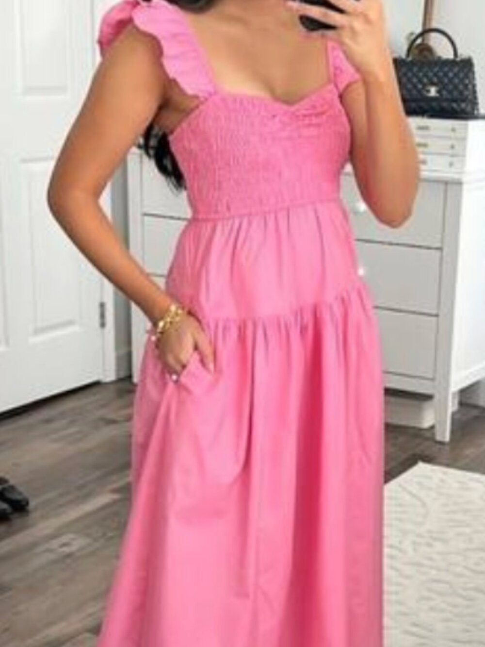 Abercrombie & Fitch Pink Ruffle Strap Smocked Midi Dress